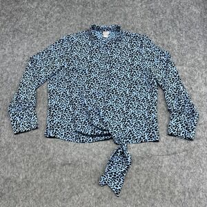 Chicos Shirt Womens 12/14 Chicos 2 Blue Leopard Long Sleeve Button Tie Hem